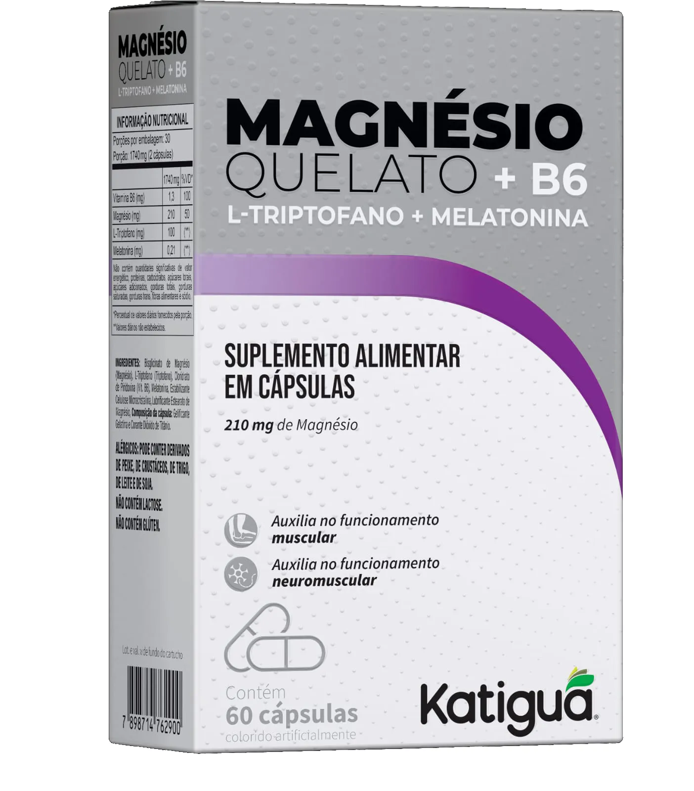 Magnésio Quelato + B6 + L-Triptofano + Melatonina Katiguá 60 Cápsulas