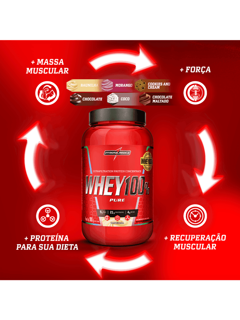Whey 100% Pure Morango 900G Pote Integralmedica