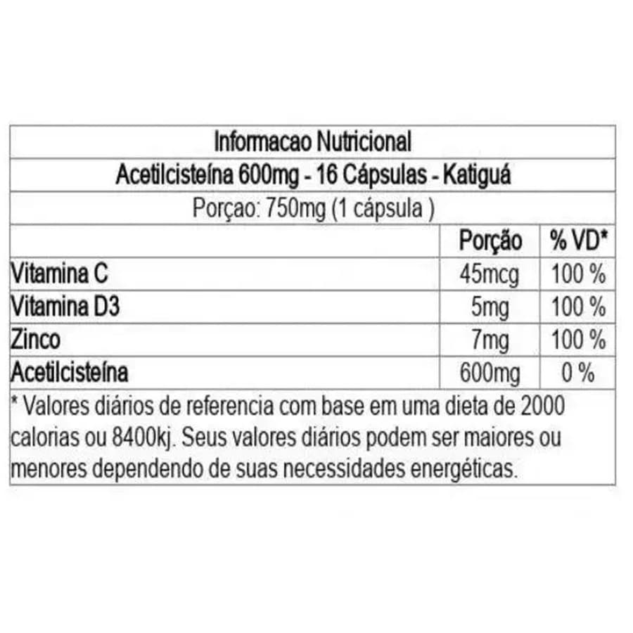 Acetilcisteína NAC 600mg + CDZ Imune Katiguá 16 Cápsulas | Biovitashop