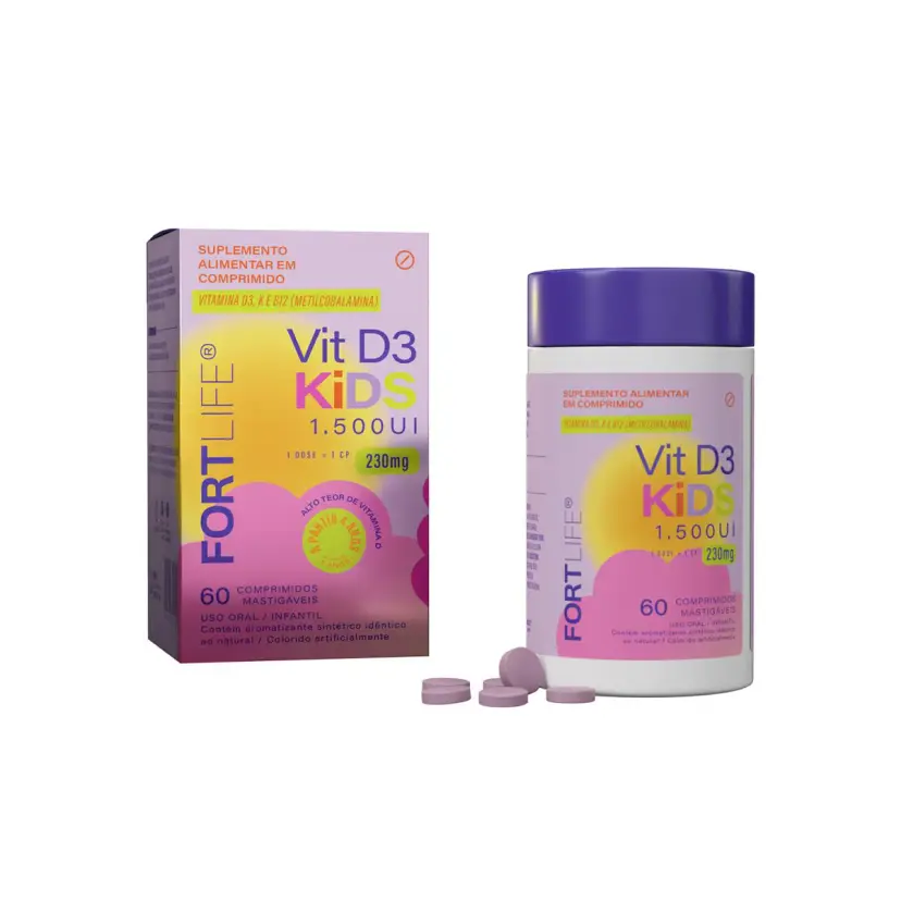 Vitamina Kids Fortlife D3 + K2 + B12 60 Comprimidos Mastigáveis | Biovitashop