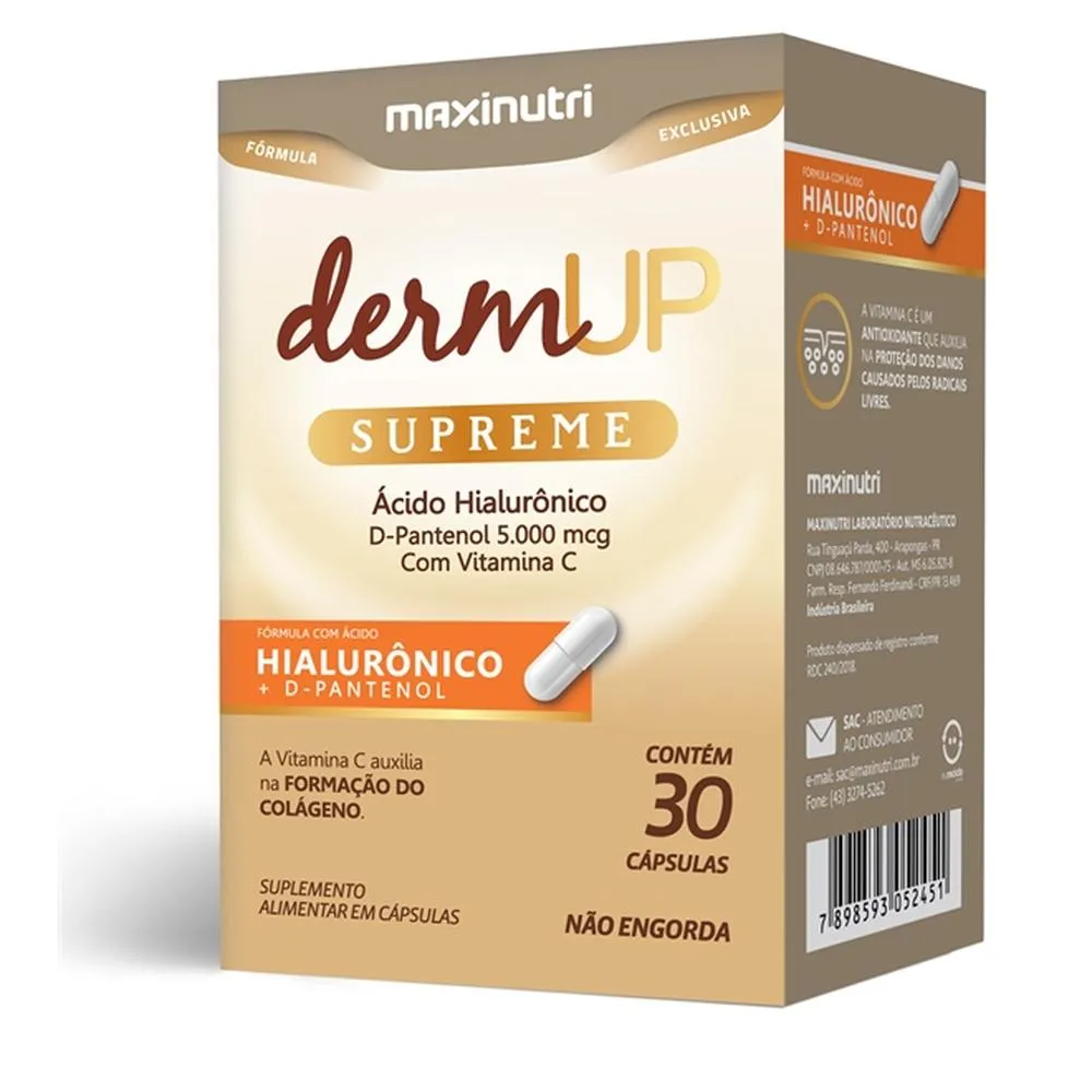 DermUp Supreme Ácido Hialurônico D-Pantenol Vit C Maxinutri 30 Caps | Biovitashop