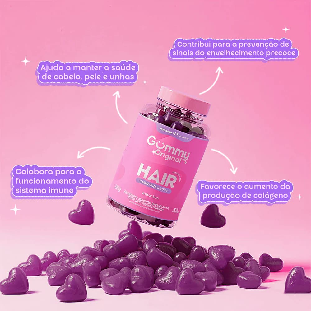 Gummy Hair Sabor Uva Original 180g 60 Gomas | Biovitashop